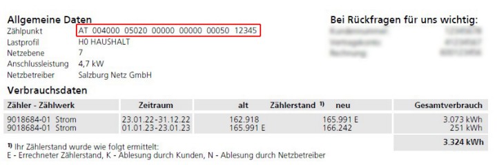 Ausschnitt der Rechnung mit markierter Zählpunktnummer.