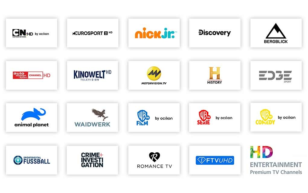 CN HD, Eurosport 2 HD, nick jr. , Discovery, Bergblick, auto motor sport HD, Kinowelt HD, Motorvision.tv, History, Edge Sport, animal planet, Waidwerk, Warner Brothers Film by ocilion, Warner Brothers Serie by ocilion, Warner Brothers Comedy by ocilion, Sportdigital Fußball, crime + investigation, Romance TV, FTV UHD