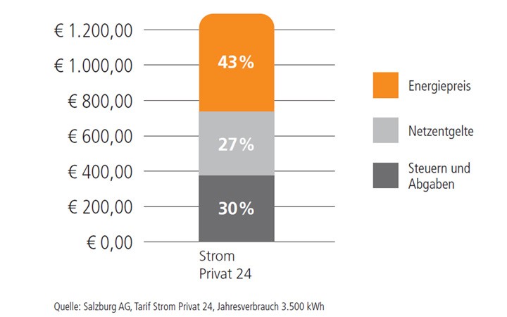 Stromaufbau Privat 24: 43% Energiepreis, 27% Netzentgelte, 30% Steuern/Abgaben.