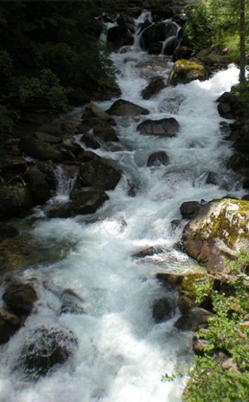 Schneller Gebirgsbach zwischen Felsen