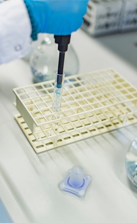 Forscherhand füllt Reagenzglas mit Pipette.